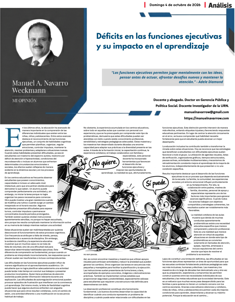 Artículo de análisis sobre los déficits en las funciones ejecutivas y su impacto en el aprendizaje, con una ilustración humorística que muestra a un niño frustrado con sus deberes escolares mientras un maestro le señala con autoridad.