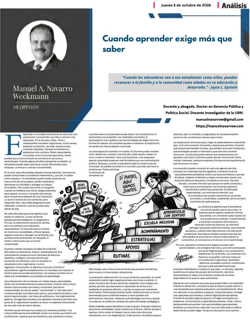 Artículo con una reflexión sobre la educación inclusiva y el papel de los educadores en el aprendizaje de los estudiantes, acompañado de una ilustración de un niño con una mochila llena de herramientas educativas.