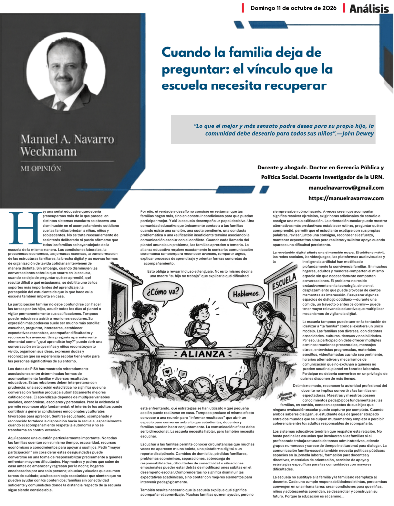 Artículo de opinión de Manuel A. Navarro Weckmann sobre la importancia del vínculo entre familias y escuelas, publicado el 11 de octubre de 2026. Incluye un análisis sobre la participación familiar en la educación y los retos actuales.