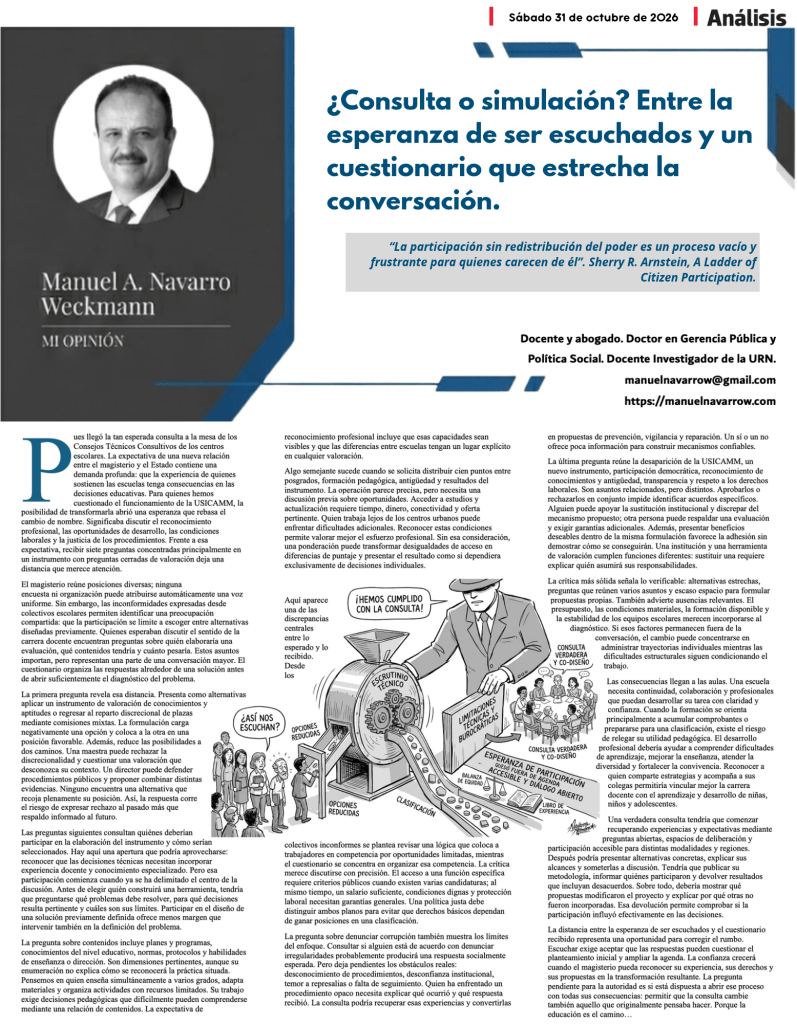 Artículo de opinión de Manuel A. Navarro Weckmann sobre la participación ciudadana y la consulta pública, analizando la tensión entre ser escuchados y la percepción de simulación en los procesos de consulta.