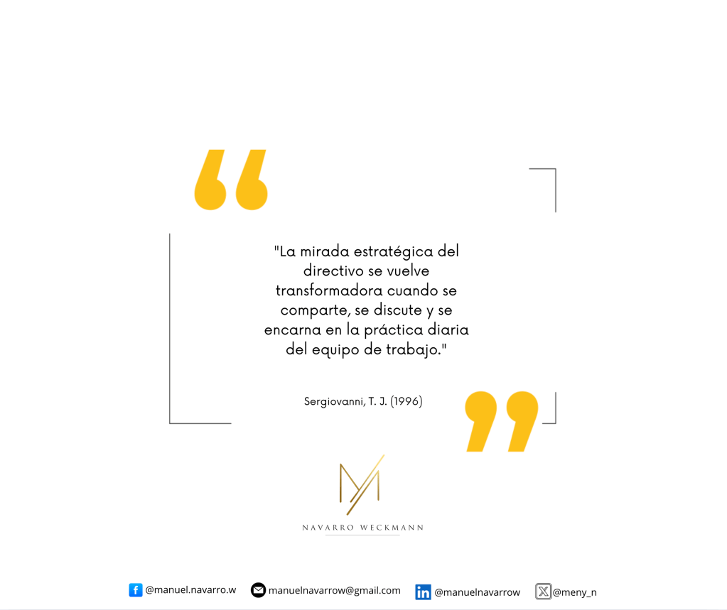 Cita sobre la mirada estratégica del directivo y su transformación en la práctica diaria del equipo de trabajo.